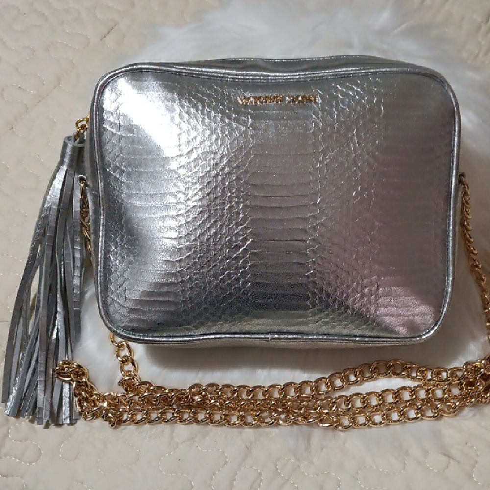 Victoria's Secret Metallic Silver Crossbody with Gold Chain